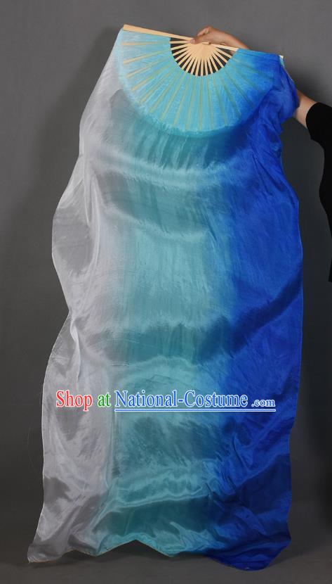 Handmade Belly Dance Fan Pure Silk Long Ribbon Fan Top Classical Dance Gradient White to Blue Fan