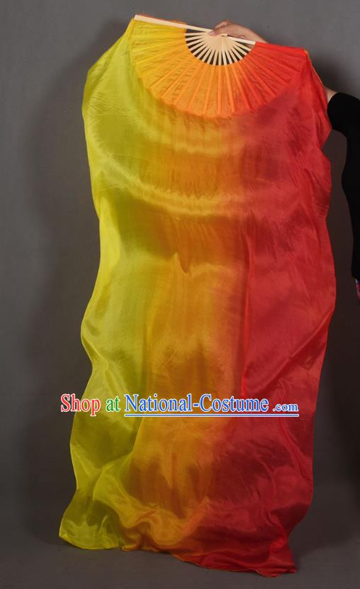 Handmade Pure Silk Long Ribbon Fan Top Classical Dance Gradient Yellow to Red Fan Belly Dance Fan