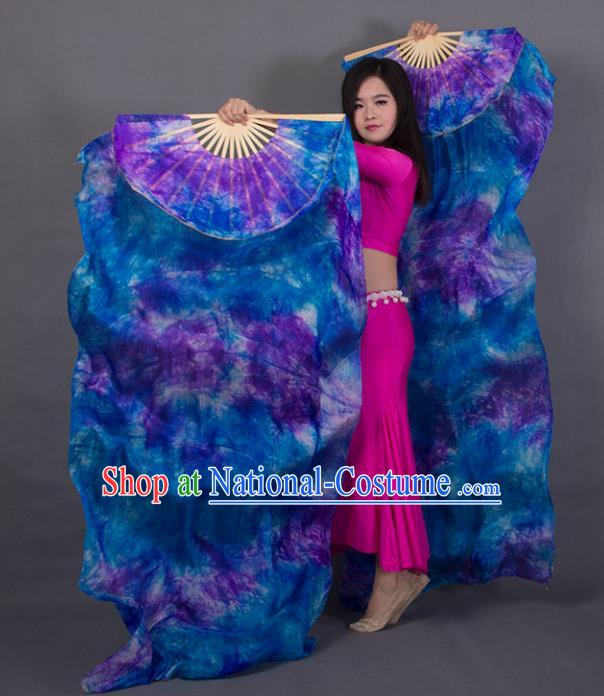 Top Pure Silk Long Ribbon Fan Classical Dance Blue Fan Handmade Tie Dye Belly Dance Fan