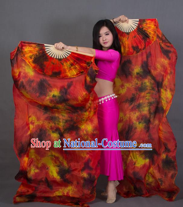 Handmade Tie Dye Belly Dance Fan Top Pure Silk Long Ribbon Fan Classical Dance Red Fan