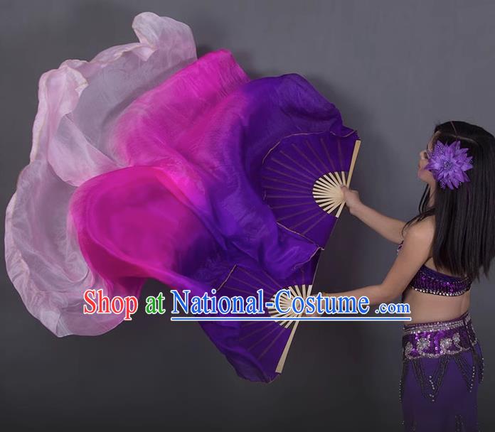 Handmade Classical Dance Fan Top Belly Dance Long Ribbon Fan Gradient Purple to Pink Pure Silk Fan