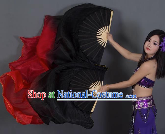 Handmade Gradient Black to Red Pure Silk Fan Classical Dance Fan Top Belly Dance Long Ribbon Fan