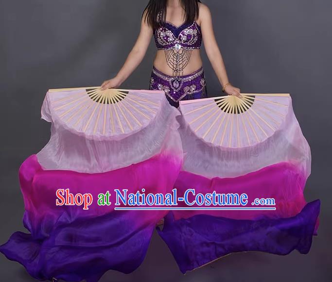 China Classical Dance Fan Top Belly Dance Long Ribbon Fan Handmade Gradient Pink to Purple Pure Silk Fan