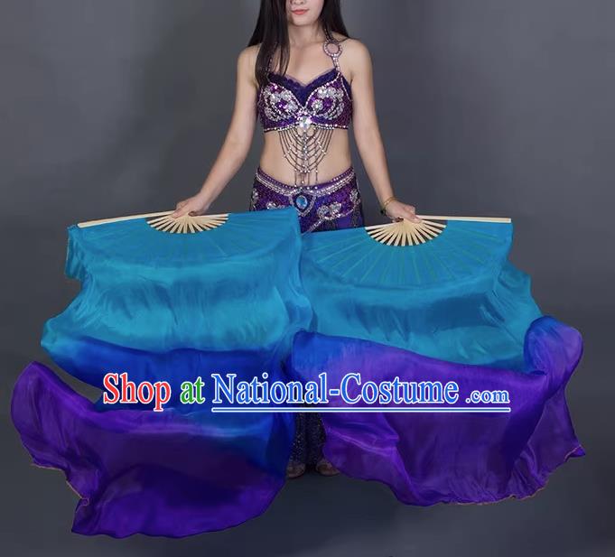 Handmade Gradient Blue to Purple Pure Silk Fan China Classical Dance Fan Top Belly Dance Long Ribbon Fan