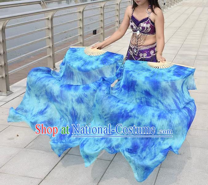 Professional Belly Dance Fan Oriental Dance Long Ribbon Fan Handmade Blue Pure Silk Fan