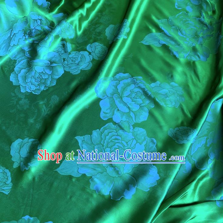 Deep Green China Jacquard Satin Fabric Traditional Peony Design Cloth Cheongsam Mulberry Silk Material