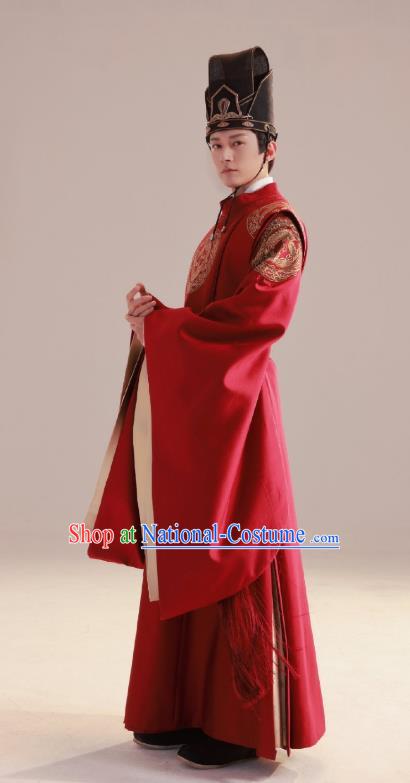 China Ancient Official Red Clothing TV Series Destined Chang Feng Du Luo Zi Shang Replica Garments Song Dynasty Scholar Costumes and Headdress