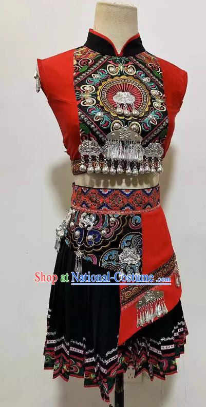 Professional Stage Performance Costume China Miao Nationality Red Outfit Ethnic Women Group Dancing Clothing