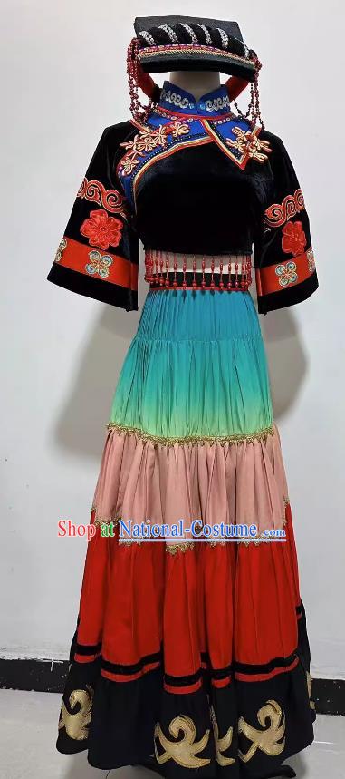 China Yi Nationality Dance Dress Sichuan Ethnic Woman Festival Clothing Professional Stage Performance Costume