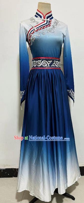 China Ethnic Dance Blue Dress Mongolian Woman Solo Dancing Clothing Professional Mongol Nationality Stage Performance Costume