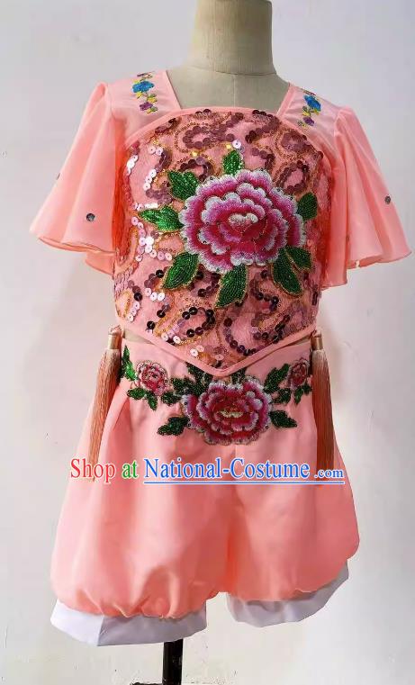 Chinese Children Folk Dance Pink Outfit Yangko Dance Costume Top Stage Performance Clothing