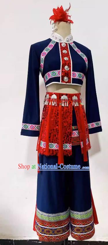 Chinese Ethnic Woman Dance Costume Stage Performance Clothing Folk Dance Dark Blue Outfit