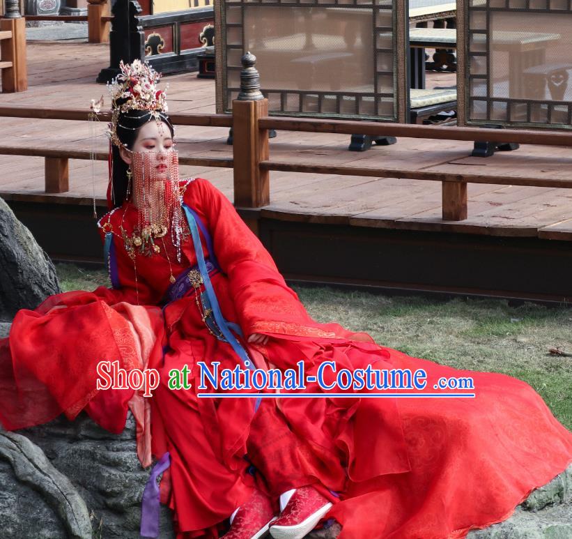 China Ancient Fairy Red Garment Costumes Xianxia Drama Till The End of The Moon Goddess Ye Bingchang Red Dresses