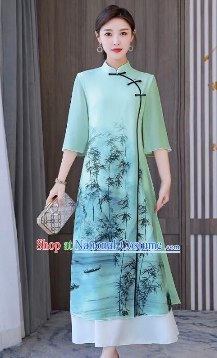 Chinese Style Printing Bamboo Qipao Retro Aodai Dress National Cheongsam Dress