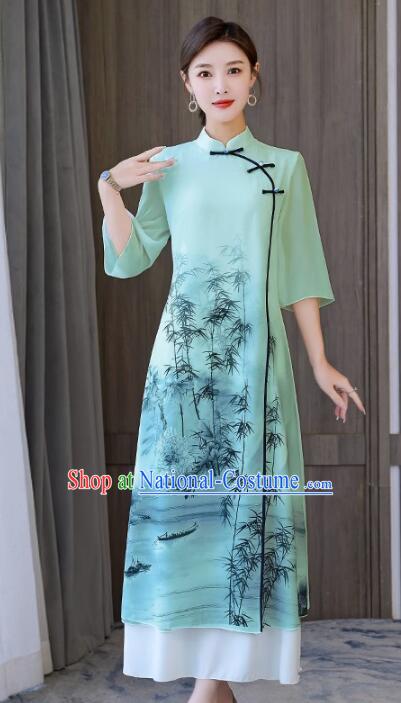 Chinese Style Printing Bamboo Qipao Retro Aodai Dress National Cheongsam Dress