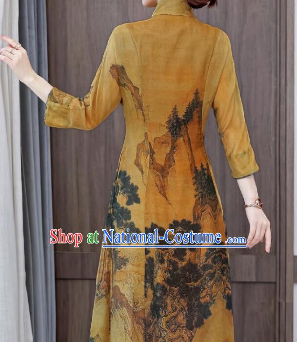 Chinese National Cheongsam Stand Collar Qipao Printing Aodai Dress