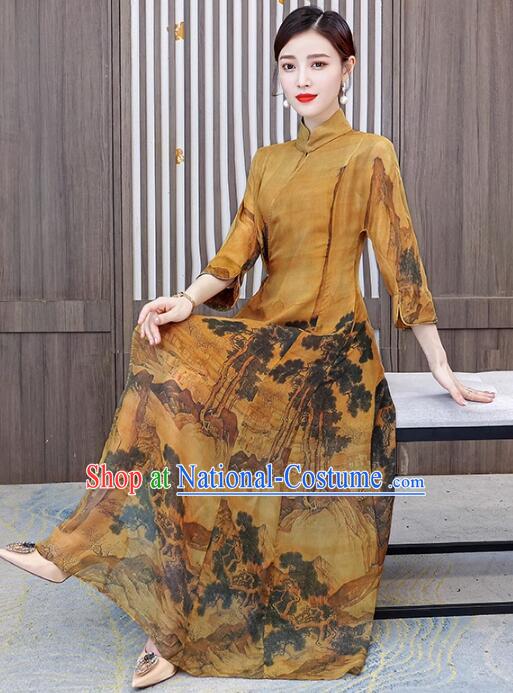 Chinese National Cheongsam Stand Collar Qipao Printing Aodai Dress