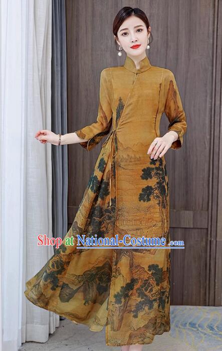 Chinese National Cheongsam Stand Collar Qipao Printing Aodai Dress