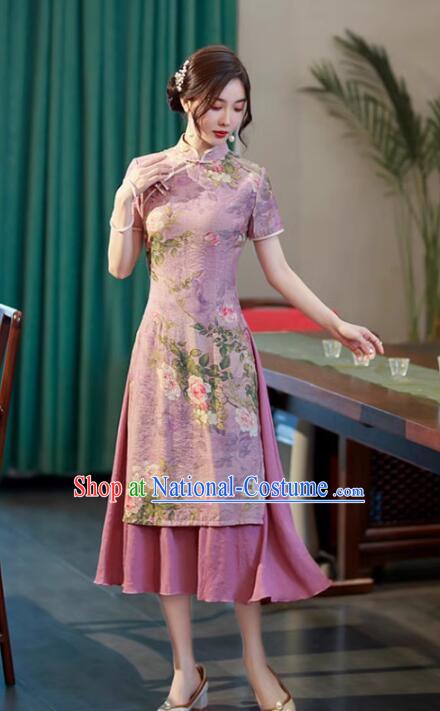 Chinese Classical Lilac Qipao Printing Aodai Dress National Clothing Cheongsam