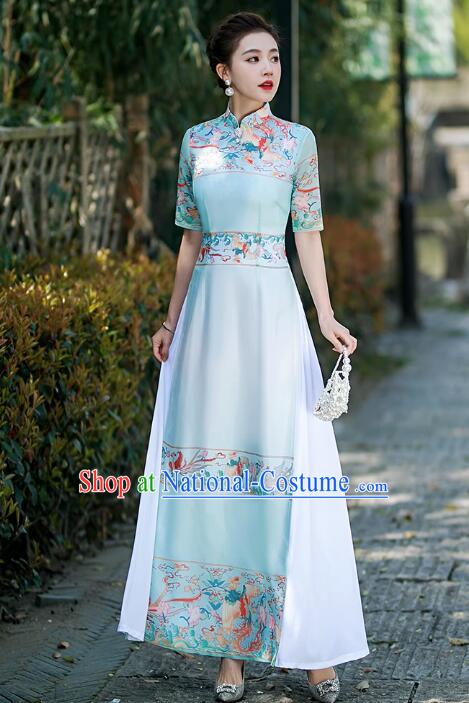 Chinese National Clothing Printing Cheongsam Classical Light Blue Long Qipao Stage Aodai Dress