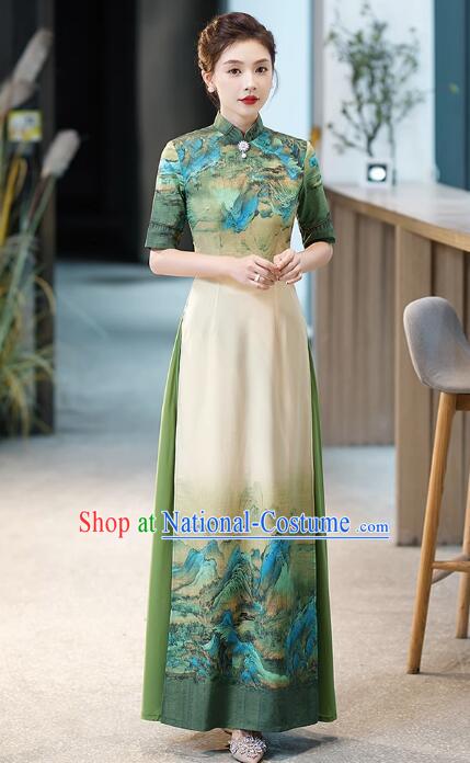 Chinese Classical Long Qipao Stage Aodai Dress National Clothing Blue Green Landscape Painting Cheongsam