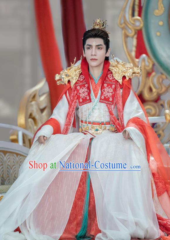 China Ancient Childe Wedding Costumes Till The End of The Moon Xianxia Drama Demon Lord Tantai Jin Red Clothing Complete Set