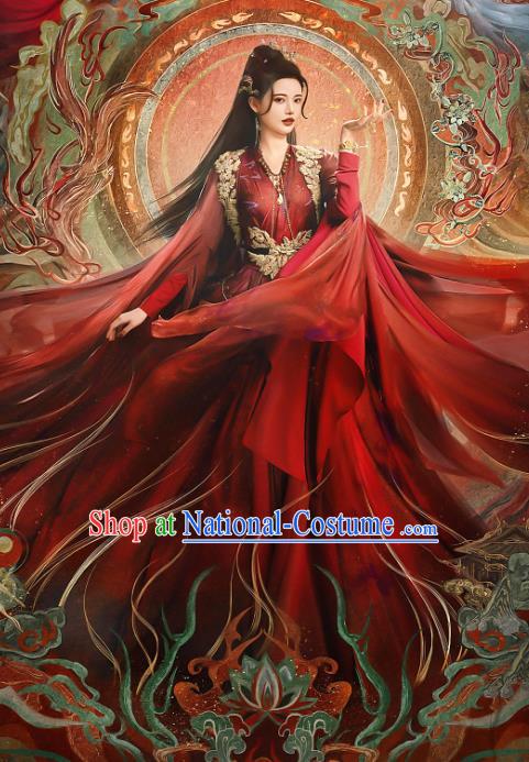 China Ancient Nine Tails Fox Fairy Costumes Till The End of The Moon Xianxia Drama Swordswoman Pian Ran Red Dresses Clothing