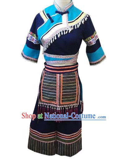 China Zhuang Nationality Folk Dance Navy Outfit Women Group Stage Performance Costume Ethnic Dance Clothing