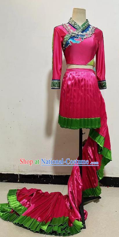 China Miao Nationality Folk Dance Pink Dress Woman Solo Stage Performance Costume Hmong Ethnic Dance Clothing