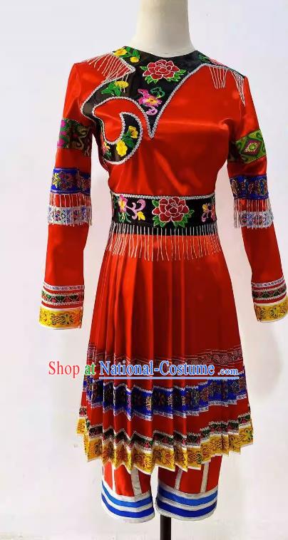 China Woman Solo Stage Performance Costume Hmong Ethnic Wedding Clothing Miao Nationality Folk Dance Red Dress