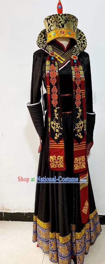 China Mongol Nationality Dance Clothing Taoli Cup Dance Competition Black Dress Mongolian Woman Stage Performance Costume and Headwear