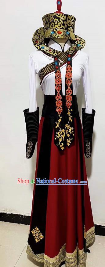 China Mongolian Woman Stage Performance Costume and Headwear Mongol Nationality Dance Clothing Taoli Cup Dance Competition Dress