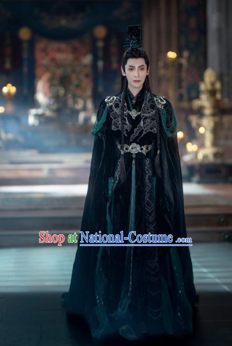 China Ancient Noble Childe Costumes Xianxia Drama Till The End of The Moon Demon Lord Tantai Jin Dark Green Garments