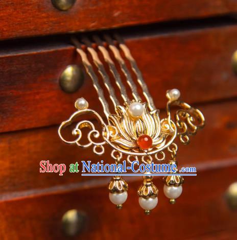 China Handmade Tang Dynasty Golden Lotus Headpieces Hanfu Hair Jewelry Ancient Empress Hair Comb