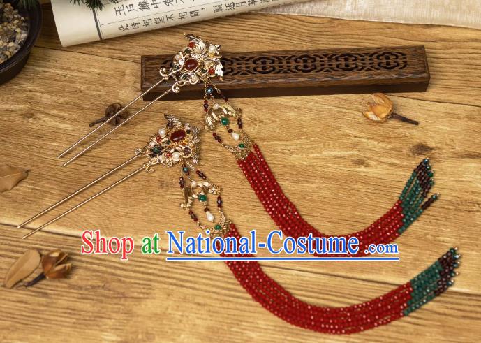 China Handmade Tang Dynasty Red Tassel Hairpins Hanfu Wedding Headpieces Ancient Empress Hair Jewelries