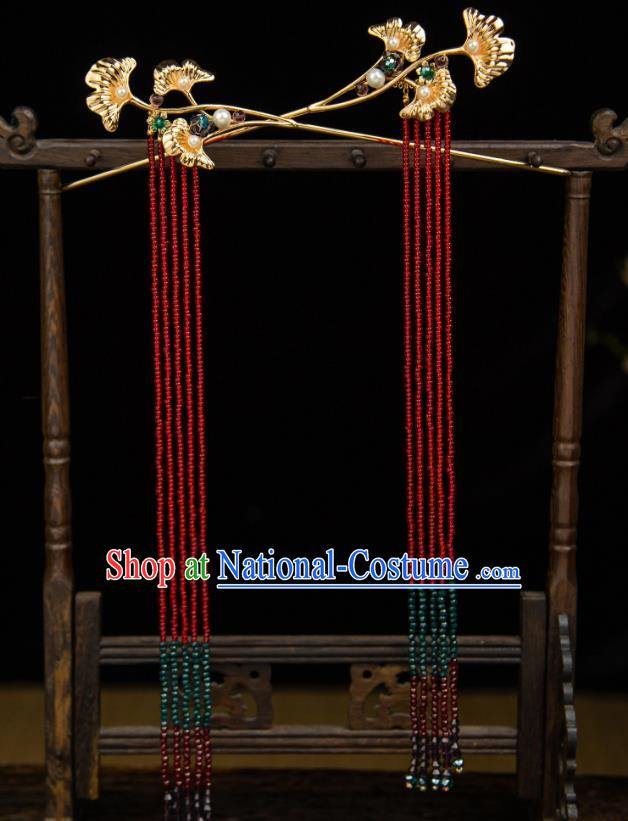 China Ancient Empress Hair Jewelries Handmade Tang Dynasty Red Tassel Hairpins Hanfu Wedding Ginkgo Leaf Headpieces