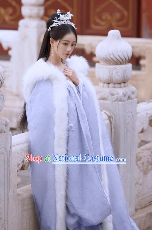 China Winter Hanfu Clothing Ancient Princess Costumes Romantic TV Series Miss The Dragon Goddess Liu Ying Lilac Dress and Cloak