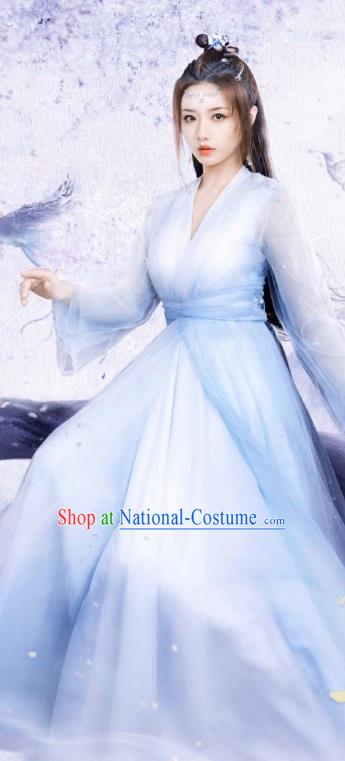 China Ancient Princess Clothing Romantic TV Series Miss The Dragon Qing Qing Blue Dress Fairy Costumes
