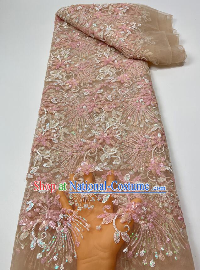 Top Pink Flower Embroidery Material Thailand Lace Fabric Wedding Dress Sequin Beads Cloth