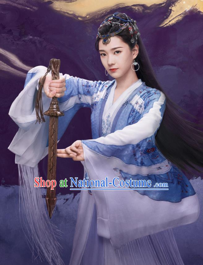 China Ancient Swordswoman Costumes Wuxia Blue Dress Romance Drama The Journey of Chong Zi Superheroine Yan Zhen Zhu Clothing