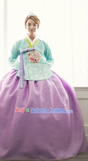 Traditional Couple Costumes Korean Ancient Bride Clothing Handmade Court Hanbok Green Top and Lilac Dress Complete Set