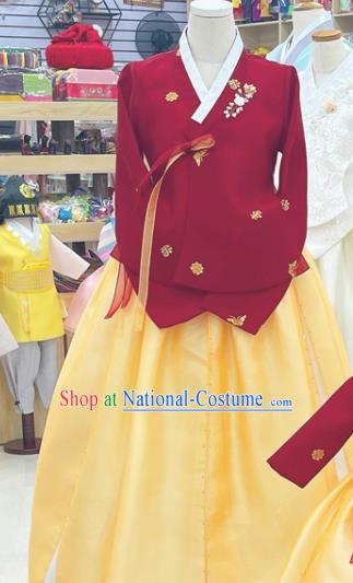 Korean Traditional Stage Performance Costumes Handmade Woman Hanbok Court Mother Outfit Red Shirt and Yellow Dress Complete Set