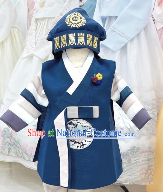 Handmade Children Hanbok Korean Traditional Boy Costumes Birthday Unniversary Outfit Blue Shirt and Pants Complete Set