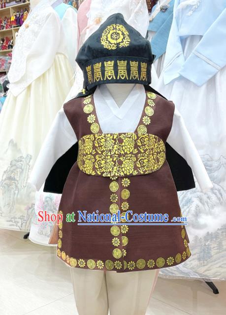 Korean Traditional Boy Costumes Handmade Children Hanbok Birthday Anniversary Outfit Brown Shirt and Pants Complete Set