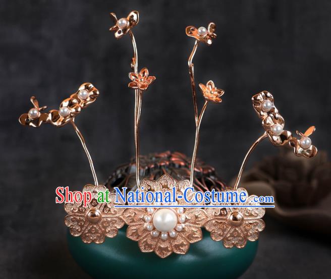 China Ancient Empress Golden Hair Crown Tang Dynasty Court Woman Pearl Lotus Leaf Hair Jewelry Handmade Hanfu Headpiece