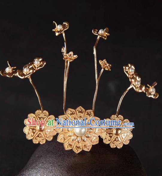 China Ancient Empress Golden Hair Crown Tang Dynasty Court Woman Pearl Lotus Leaf Hair Jewelry Handmade Hanfu Headpiece