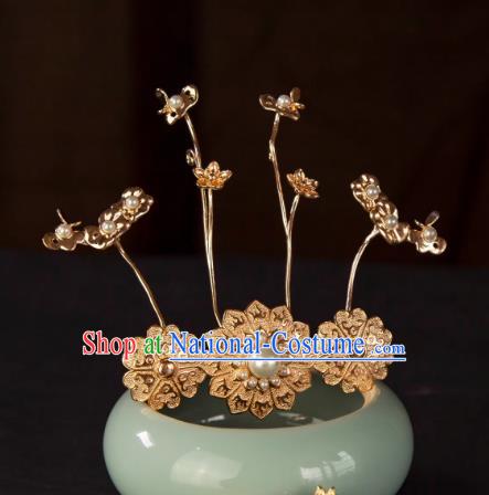 China Ancient Empress Golden Hair Crown Tang Dynasty Court Woman Pearl Lotus Leaf Hair Jewelry Handmade Hanfu Headpiece