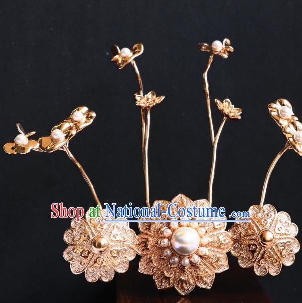 China Ancient Empress Golden Hair Crown Tang Dynasty Court Woman Pearl Lotus Leaf Hair Jewelry Handmade Hanfu Headpiece