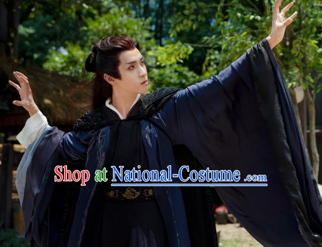 China Ancient Swordsman Dark Blue Costumes Drama Chong Zi Demon King Tian Zhi Xie Clothing