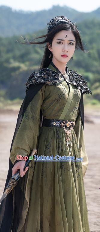 Drama Chong Zi Demon Woman Yin Shui Xian Clothing China Ancient Female Swordsman Green Costumes